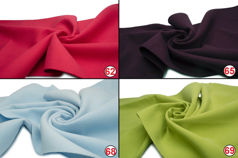 May include: Four fabric swatches in different colors: red, purple, light blue, and green. The swatches are folded and arranged in a grid pattern. Each swatch has a number printed on it: 62, 65, 68, and 69.