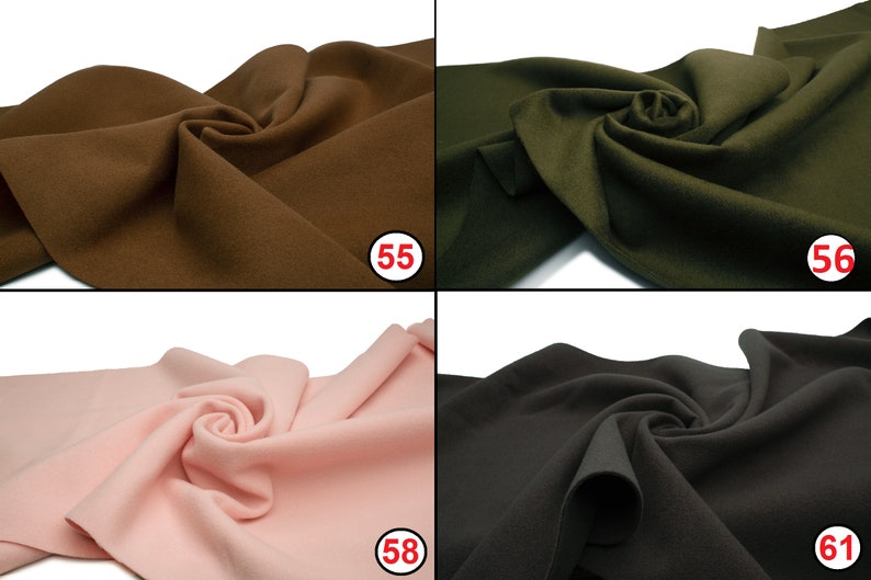 May include: Four fabric swatches in different colors: brown, green, pink, and black. The swatches are arranged in a grid pattern, with the numbers 55, 56, 58, and 61 printed on each swatch.