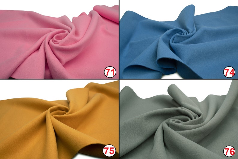 May include: Four fabric swatches in different colors: pink, blue, yellow, and gray. The swatches are folded and arranged in a grid pattern.