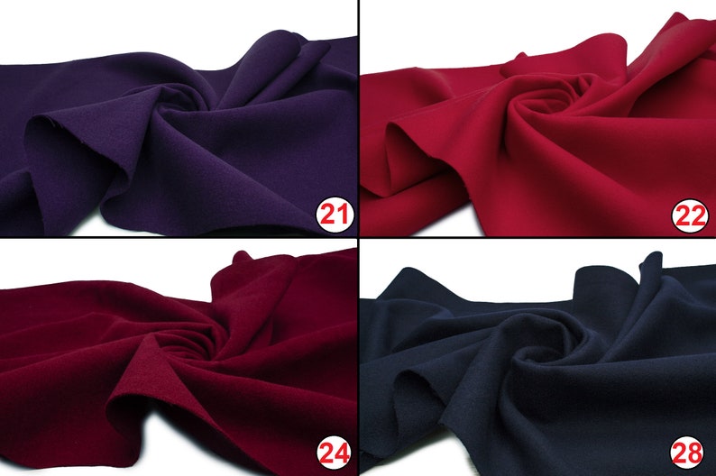 May include: Four fabric swatches in different colors: purple, red, burgundy, and navy blue. The swatches are folded and arranged in a grid pattern.