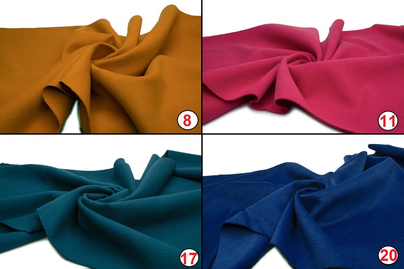 May include: Four fabric swatches in different colors: mustard yellow, pink, teal, and navy blue. The swatches are folded and arranged in a grid pattern.