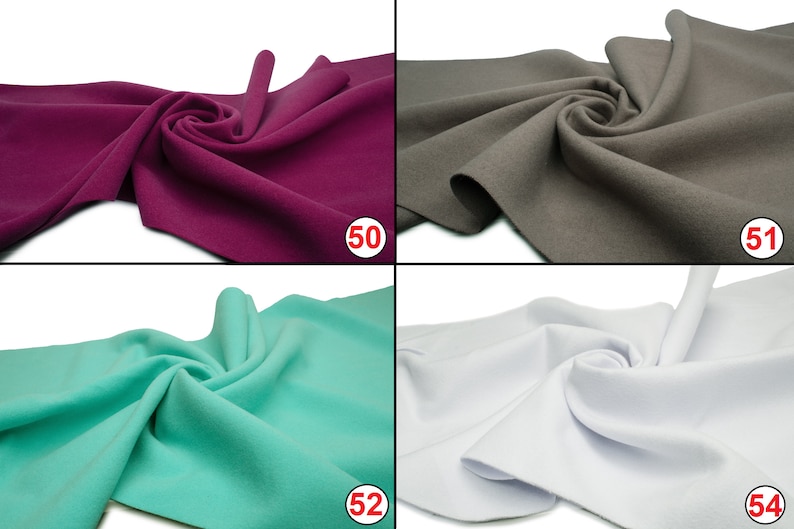 May include: Four fabric swatches in different colors: burgundy, gray, teal, and white. The swatches are arranged in a grid pattern with a number in a red circle in the bottom right corner of each swatch.