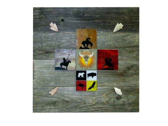 Northern Plains Native American Images on Etched-Painted Glass & mounted on Rustic Barnwood
