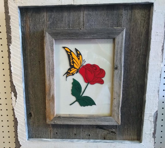 PB21K Hand-painted Butterfly and Red Rose Etched on Glass