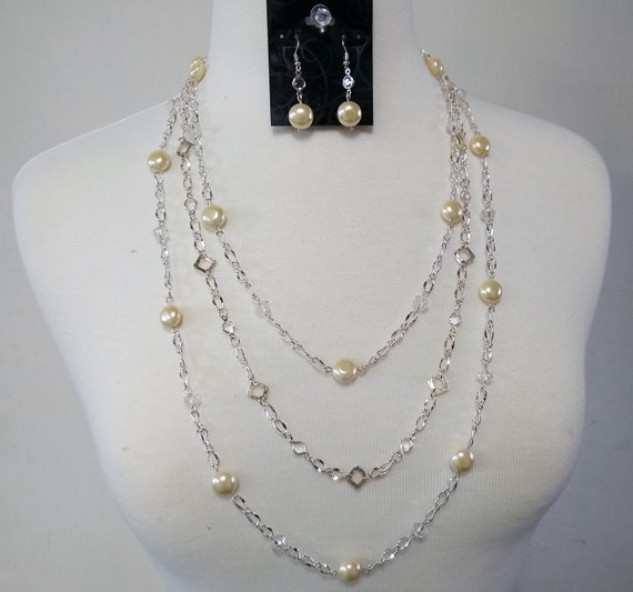 Crystals, Silver Links and Creamy Glass Pearls Set