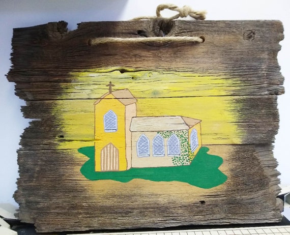 Hand-painted Rustic Church on Barnwood