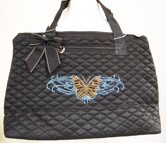 Black Quilted Bag with Rhinestone Tribal Butterfly