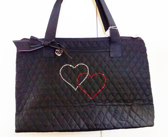 Black Quilted Bag with Entwined Rhinestone Hearts