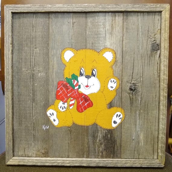 Handpainted Christmas Teddy Bear on Distressed Wood