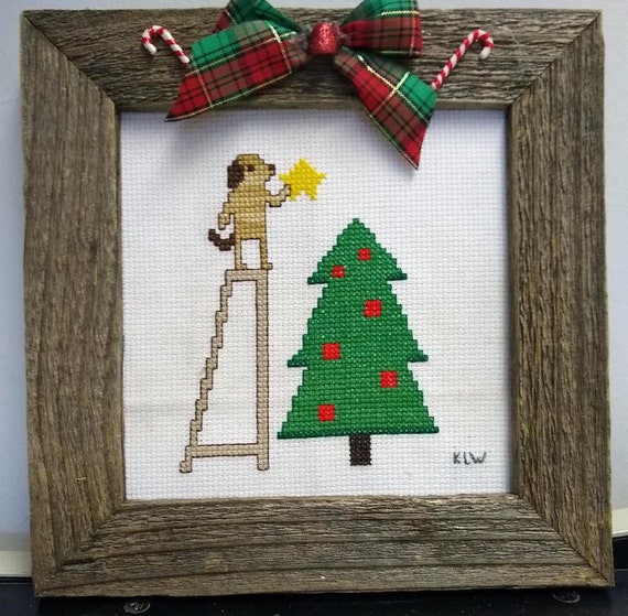 Cross-stitched Christmas & Dog in Barnwood Frame