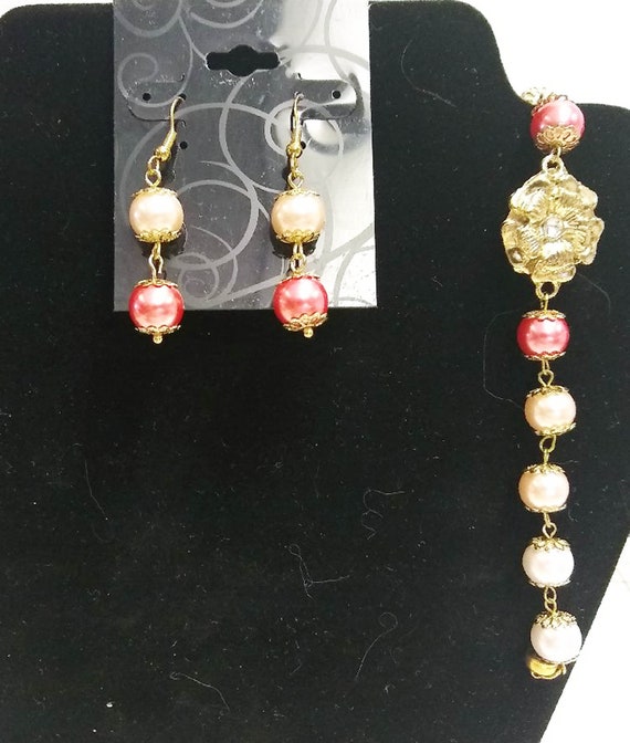 Pink Pearl Bracelet and Earrings