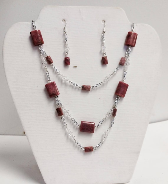 Pink Rhodonite and Silver Necklace and Earrings