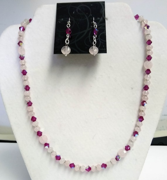 Rose Quartz and Swarovski Crystal Necklace & Earrings