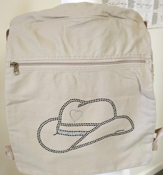 Cowgirl Hat Rhinestone Embossed Canvas Cinch Sack