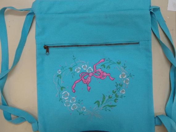 Teal Cotton Canvas Cinch Sack with Hand-painted Heart