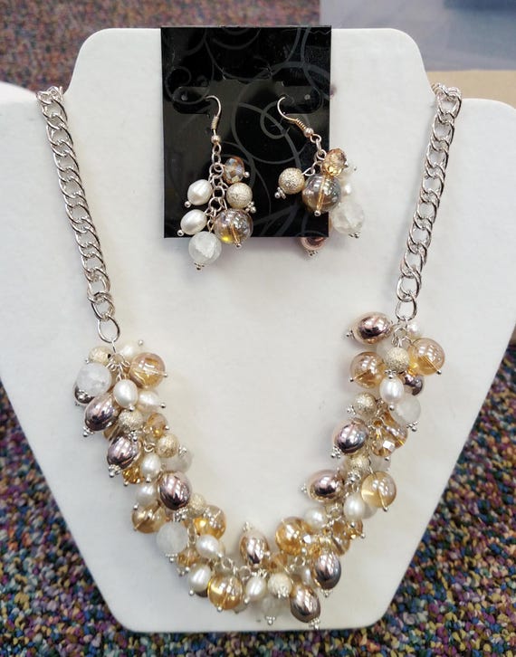 Glamorous Pearl & Crystal Necklace and Earrings