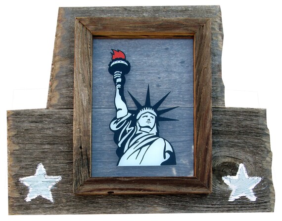 PB04 Statue of Liberty sandblasted, painted and mounted on barn wood.