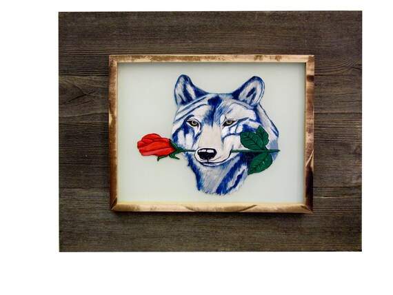 PB25  Wolf with Rose hand painted on glass.