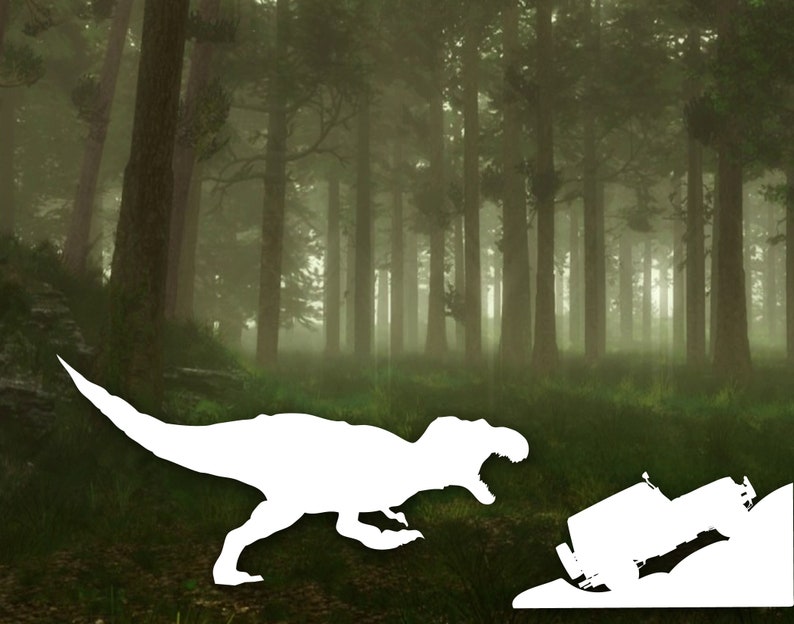TRex chasing jeep decal sticker Tyrannosaurus rex sticker