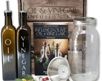 Olive Oil and Vinegar Infusion Kit | Recipe and Instruction Book | Oil and Vinegar Dispenser Set | Mason Jar | Funnel Strainer | Thermometer