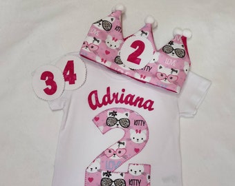 Birthday crown and t-shirt in kitty fabric, reversible crown, padded and adjustable in size, handmade, creationsleisec