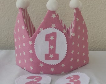 Pink and white star fabric crown, handmade, birthday, personalized gift.