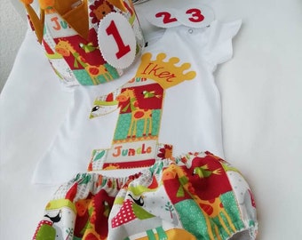 Children's birthday, jungle fabric, fabric crown, birthday t-shirt, lined diaper cover, personalized gift for babies.
