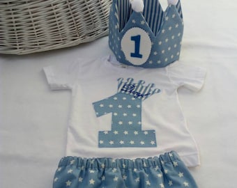 Baby birthday set, reversible fabric crown, personalized birthday t-shirt, lined diaper cover, handmade.