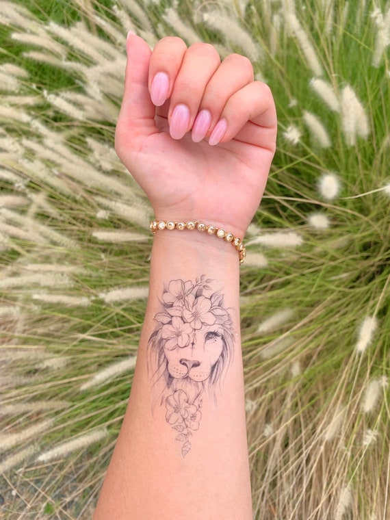 Lion Flower set of 2 Temporary Tattoo - Etsy Lion Flower set of 2 Temporary Tattoo - Etsy