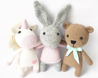 3 PATTERNS - Loreen The Unicorn / Harper The Bunny / Kenny The Teddy Bear - amigurumi pattern, crochet pattern, PDF