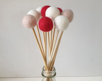 Red & Blush Felt Ball Flower Bouquet: Handmade Wool Decor