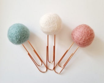 Pastel Blue, Ivory, Peony Pom Pom Paperclips - Felt Ball Stationary Bookmarks