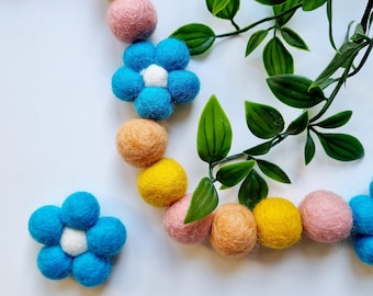 Blue Flower Pom Pom Garland - Felt Ball Nursery Decor