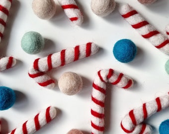 Custom Christmas Candy Cane Felt Ball Garland: Wool Pom Pom Decor