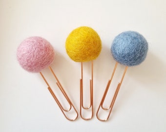 Duck Blue, Yellow, Dusky Pink Pom Pom Paperclips - Felt Ball Stationary Bookmarks