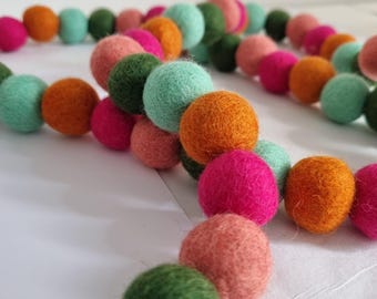 Bright Christmas Felt Ball Garland: Handmade Wool Pom Poms