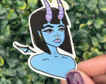 Blue Demon Girl - naklejka winylowa 3 cale, przerażająca i słodka naklejka, naklejka na Halloween, naklejka do planera, naklejka na Kindle