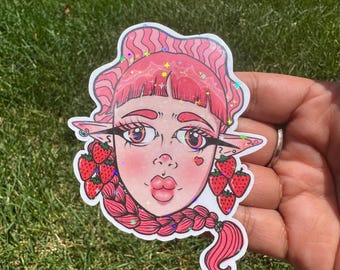 Naklejka Strawberry Bae: Holograficzna gwiazda, ilustracja rysowana ręcznie (3 cale)