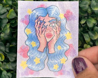 Chmury i gwiazdy - naklejka 3-calowa, holograficzna Naklejka rysowana ręcznie, naklejka z ilustracją cyfrową, naklejka ilustracyjna, laptop