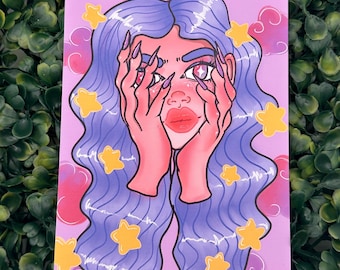 Chmury i gwiazdy - 4 x 6 cali Wydruk artystyczny, Dekoracja artystyczna, Sztuka ścienna, Ręcznie robiona sztuka, Kawaii, Uroczy, Dziwny, Ręcznie rysowany wydruk, Wydruk gracza, Fantazyjny