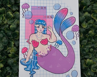 Syrena Vaporwave - pocztówka 4 x 6 cali, dekoracja artystyczna, sztuka ścienna, cyberpunk, wydruk gracza, dystopia, A6