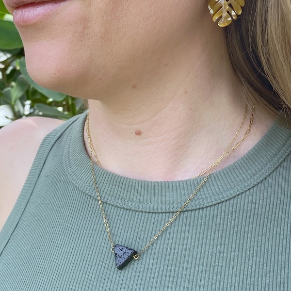 Triangle Lava Bead Necklace, 14K Gold Filled Necklace, Lava/Chain Necklace, Dainty Diffuser Necklace, 14 Carat Gold Essential Oil Necklace