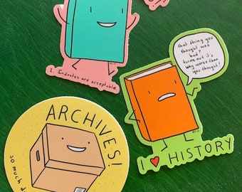 RESEARCH PACK: three stickers - Archives!, I Love History, and I Love Footnotes cute vinyl stickers