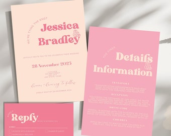 Pink Wedding Invitation Bundle Suite | Blush Canva Template Set | Printable Retro Invites | Funky RSVP & Details Card | Editable DIY