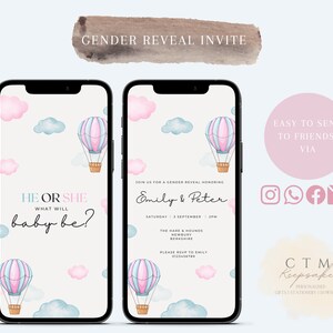 INVITO PER RIVELARE IL GENERE / Lui o lei / Ragazzo o ragazza / Invito video animato / Rosa e blu / Boho / Mongolfiera / Nuvole / Invito telefonico