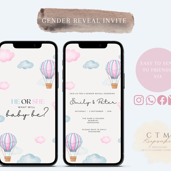 GENDER REVEAL INVITE | He Or She | Boy Or Girl|  Animated Video Invite | Pink & Blue | Boho | Hot Air Balloon | Clouds | Phone Invitation