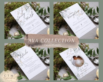 Hochzeitseinladungs-Bundle-Vorlagen | Herunterladen | Hochzeitsprogramm | Hochzeitseinladungen | Sitzplan | Willkommensschild | Antwort | Druckbar | Ava