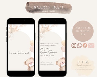 May include: A digital invitation for a baby shower with a watercolor illustration of a teddy bear and pampas grass. The text reads "We can bearly wait" and "Jessica's Baby Shower".