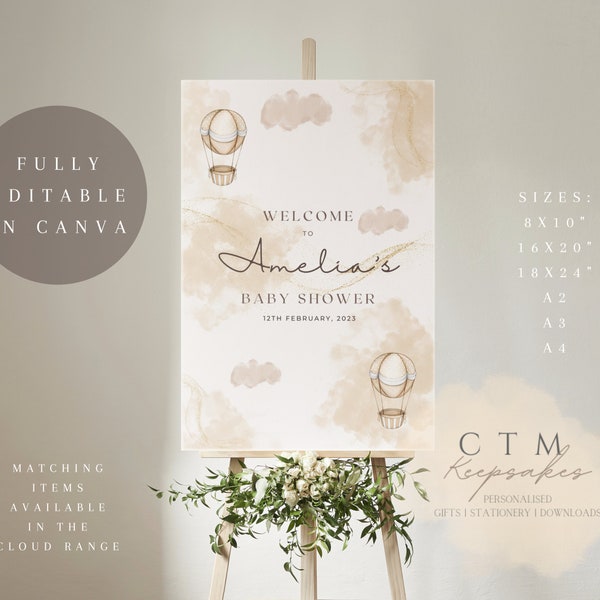 EDITABLE CLOUDS Baby Shower Welcome Sign | Boho | 6 Sizes | Printable Template | Gender Neutral |  Download | Canva | Hot Air Balloon | Gold