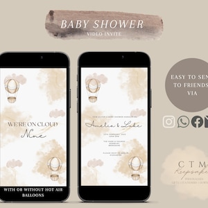 INVITO BABY SHOWER / Invito video animato / Boho / Genere neutro / Mongolfiera / Cloud Nine / Invito telefonico / Senza carta / Oro